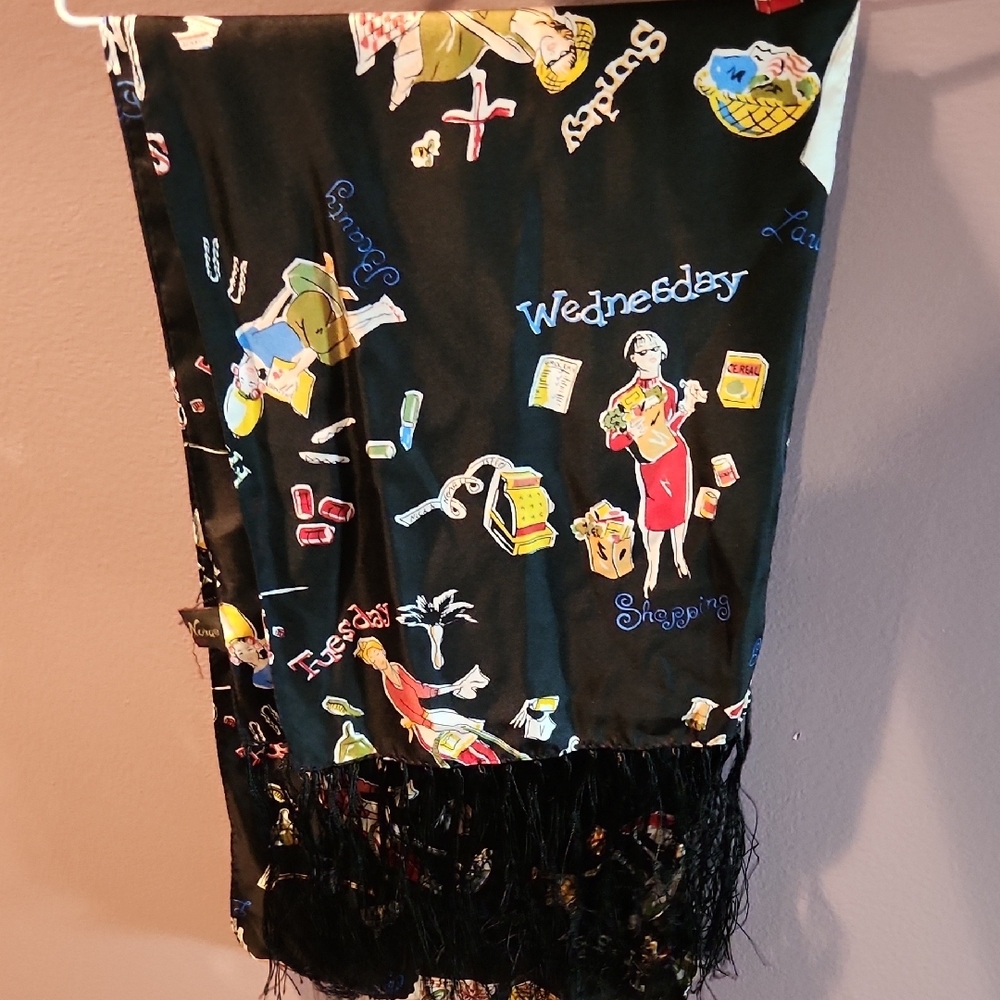 VINTAGE 
1980's NICK & NORA'S Scarf - Novelty Print - All SILK - Black Silk - Picture 4 of 4